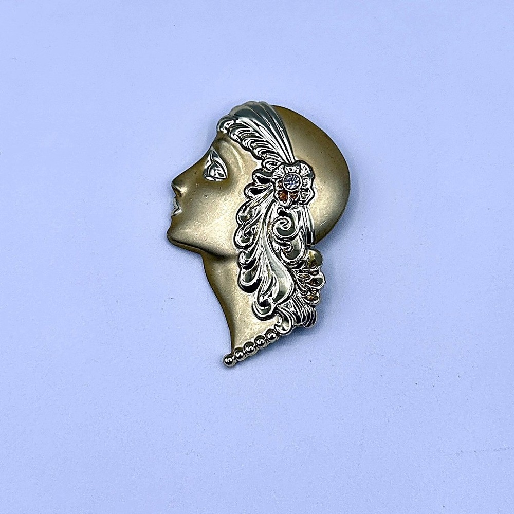 Art Deco Style Lady Profile Brooch Rhinestone Gold Tone Metal